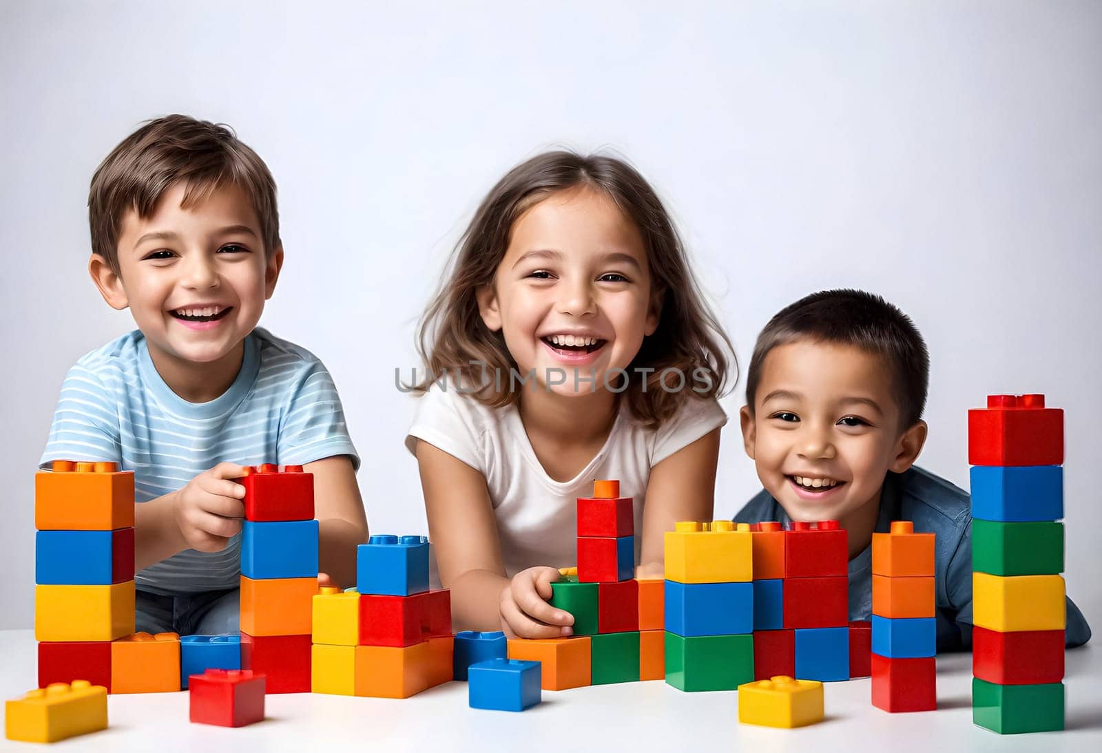 AI generated of three children are playing with blocks