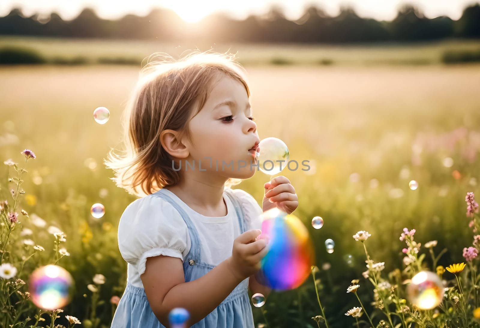 AI generated of a little girl blowing bubbles in a field with the sun behind her