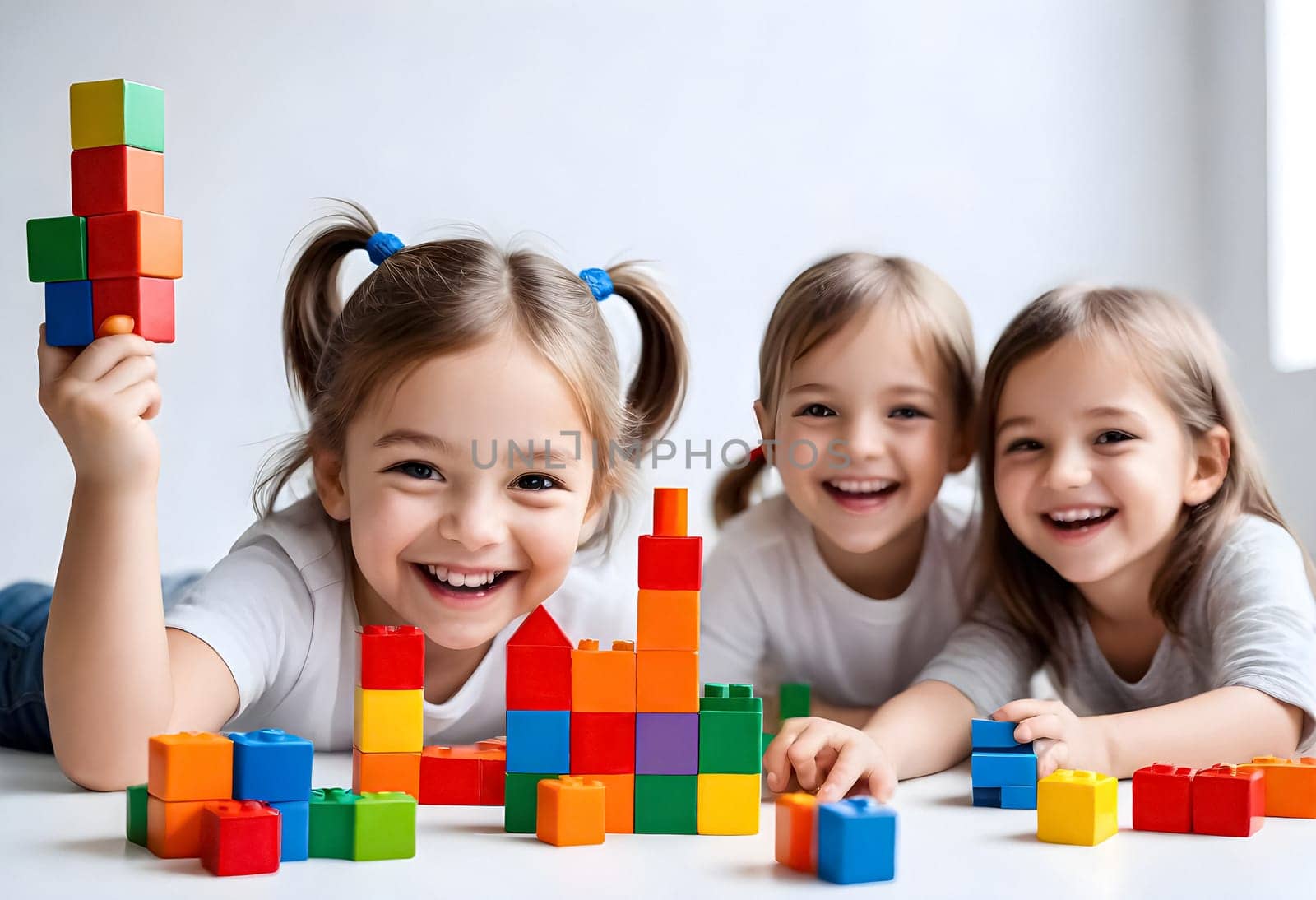 AI generated of three girls are playing with blocks on a white background