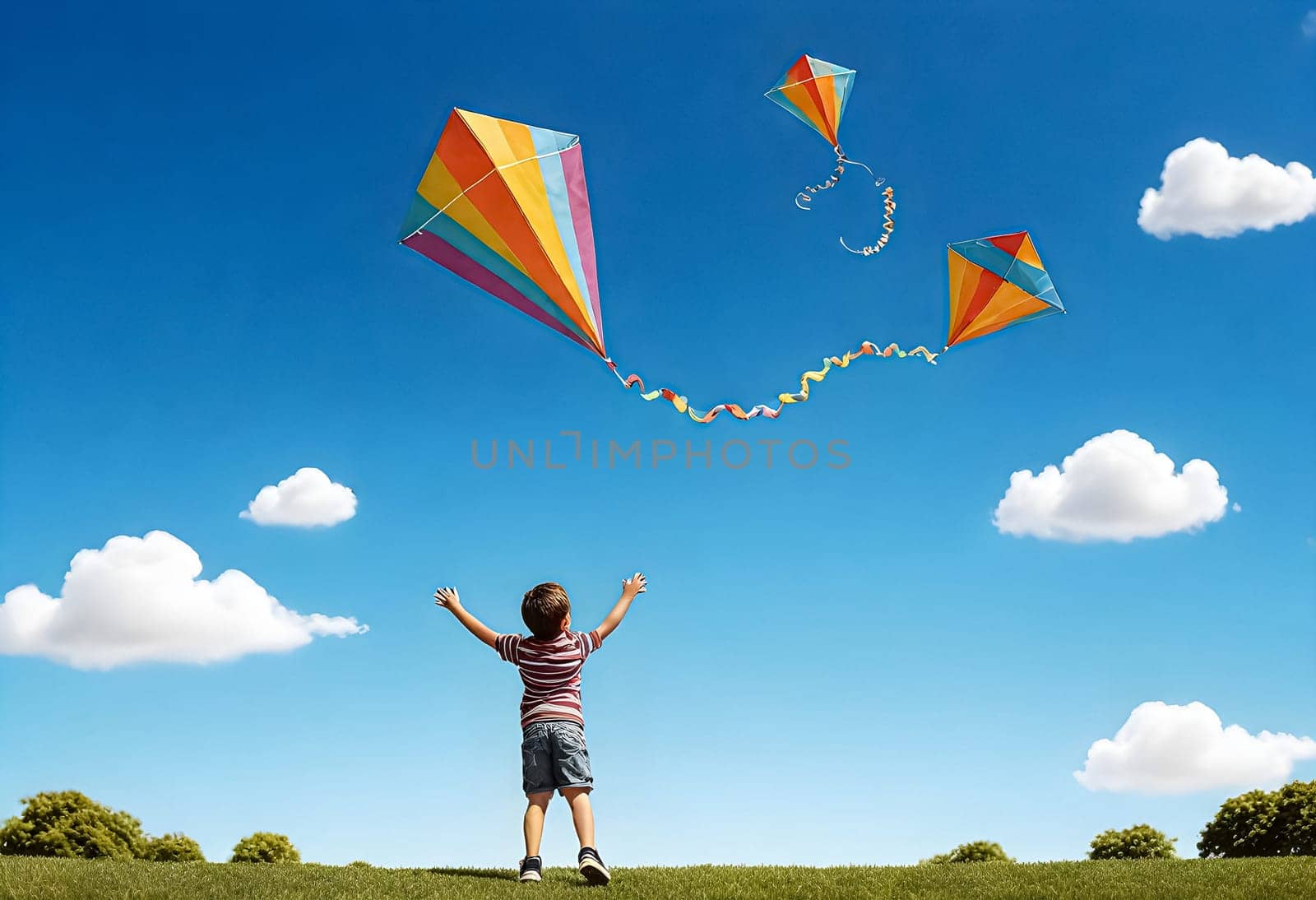 AI generated of a boy is flying a kite with rainbow color in the sky