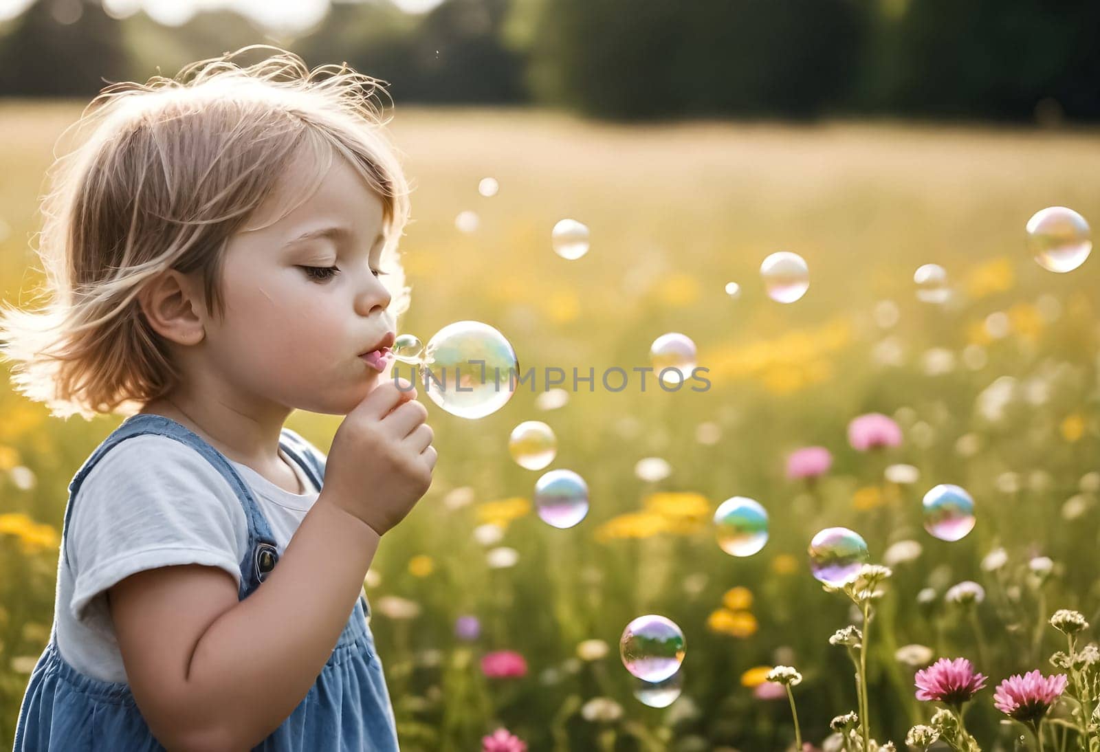 AI generated of a little girl blowing bubbles in a field with a field of flowers and grass