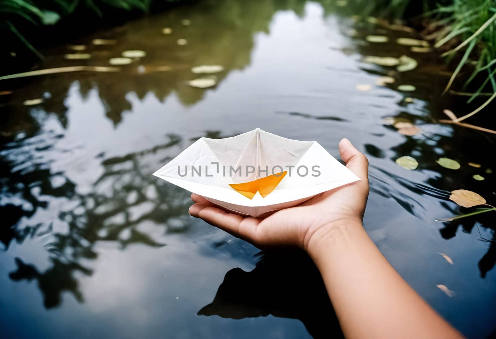AI generated of a person holding a paper boat on the water