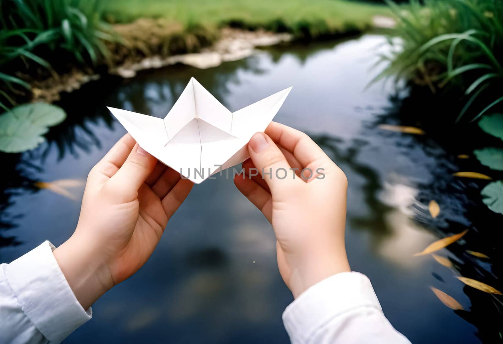 AI generated of a person holding a paper boat in front of a pond