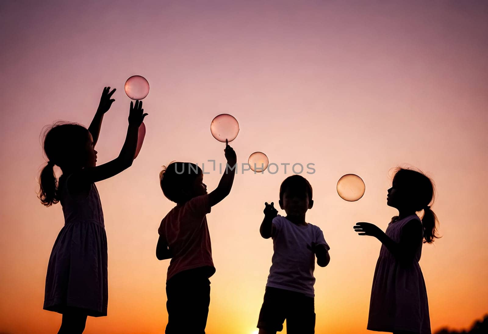 AI generated of children playing with soap bubbles at sunset