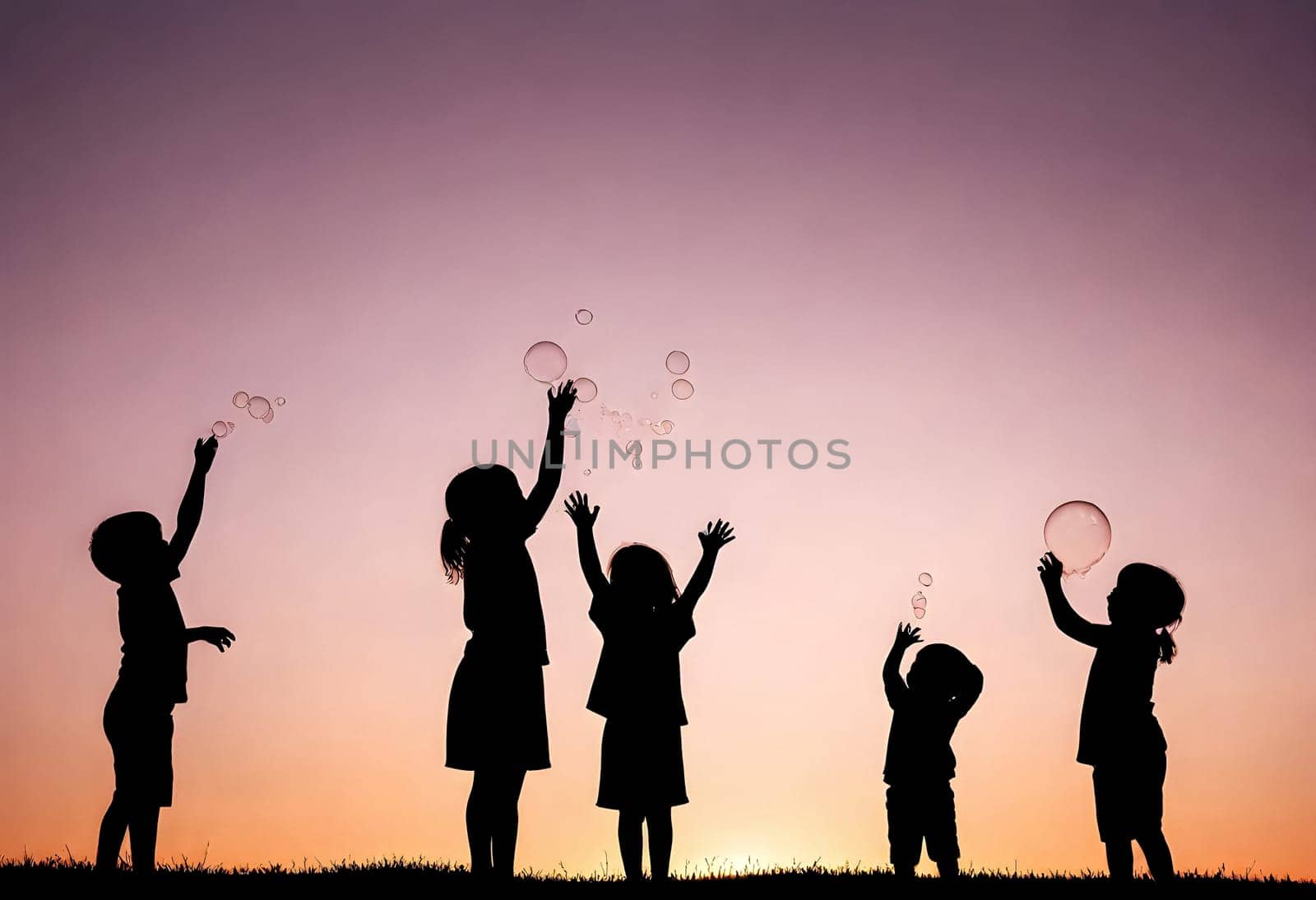 AI generated of a group of children playing with bubbles in the sunset