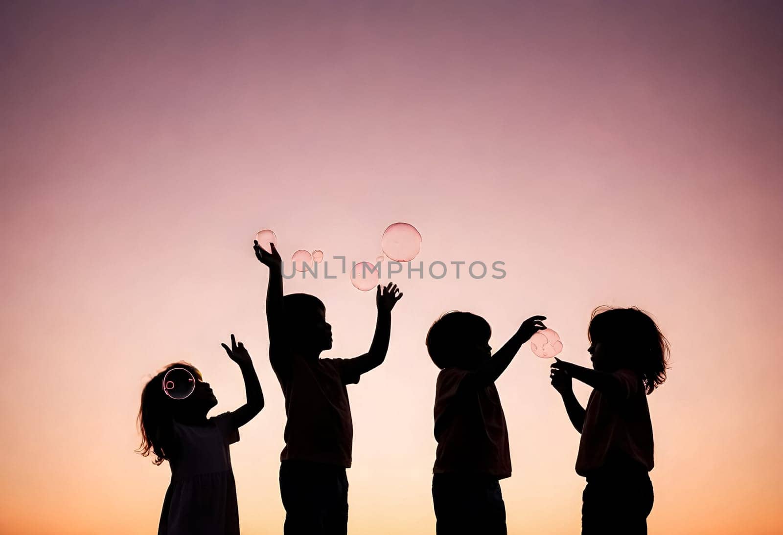 AI generated of silhouette of children playing with soap bubbles at sunset