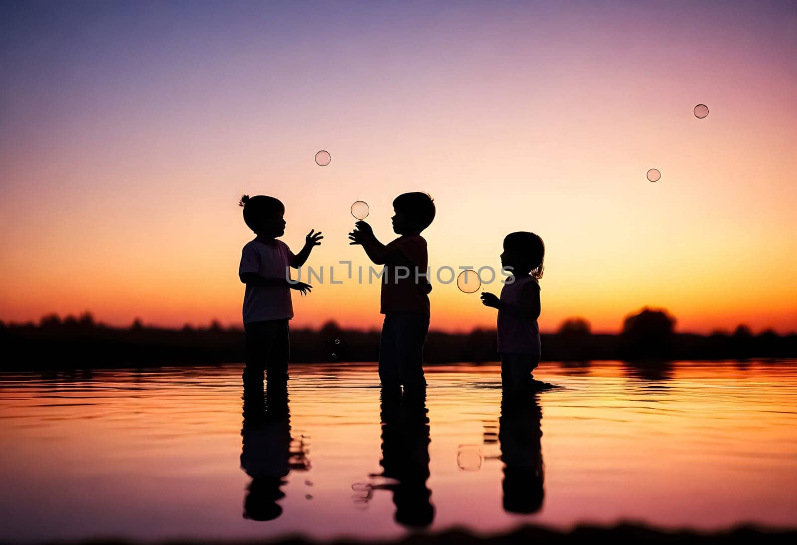 AI generated of three children playing in a water with bubbles in the background