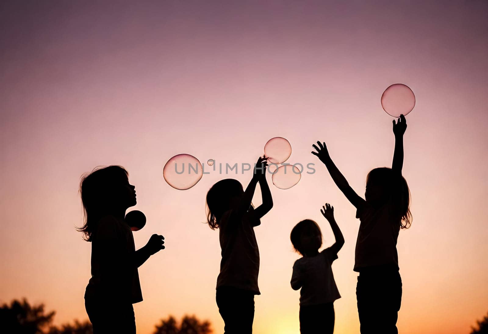 AI generated of silhouette of children playing with bubbles at sunset