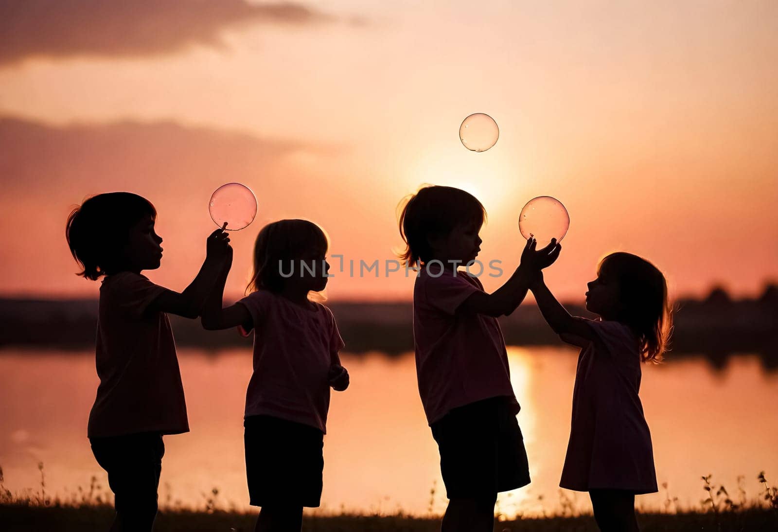 AI generated of a group of children playing with bubbles in front of a lake at sunset