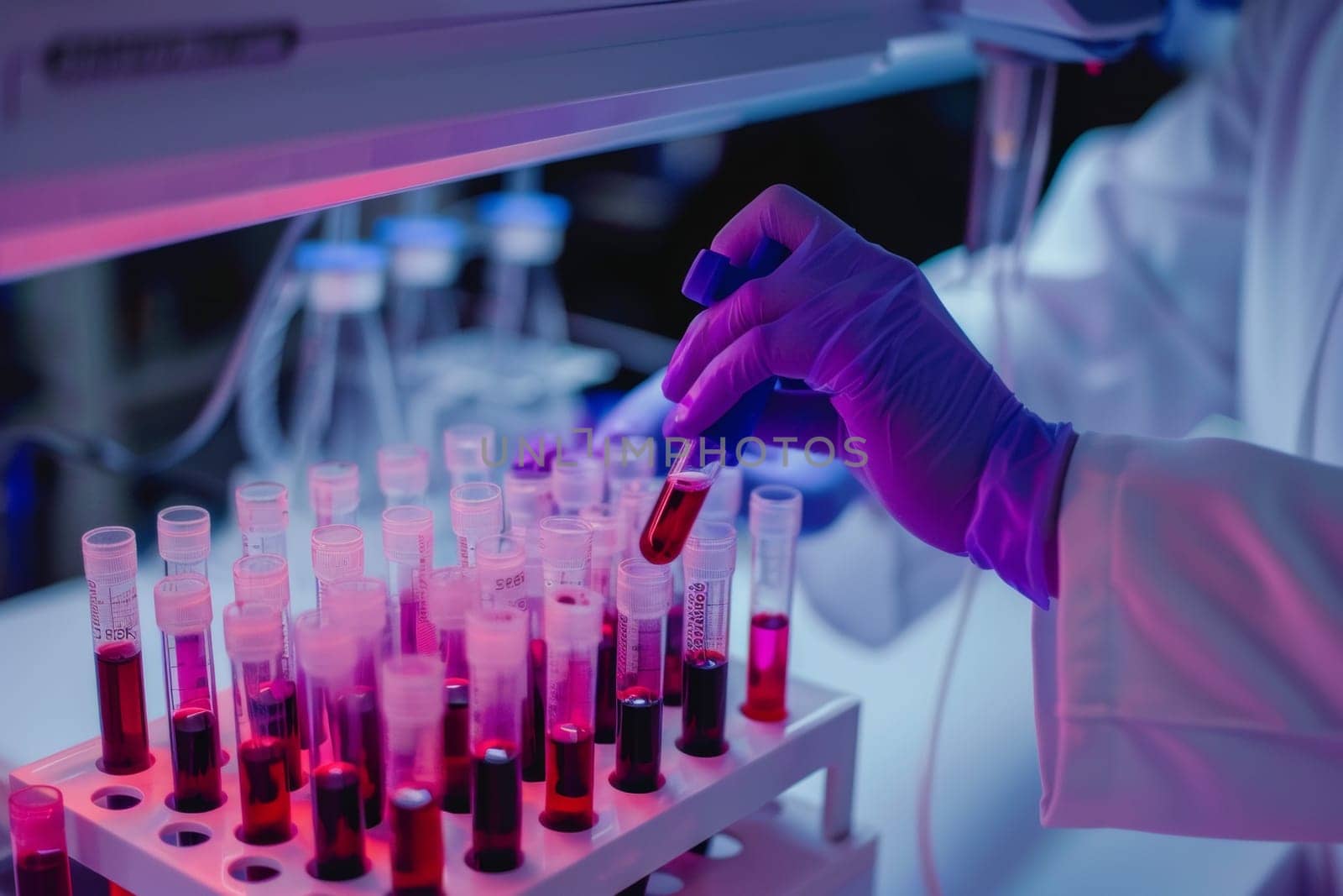 In a modern laboratory setting, a lab assistant meticulously analyzes a blood sample surrounded by various test tubes