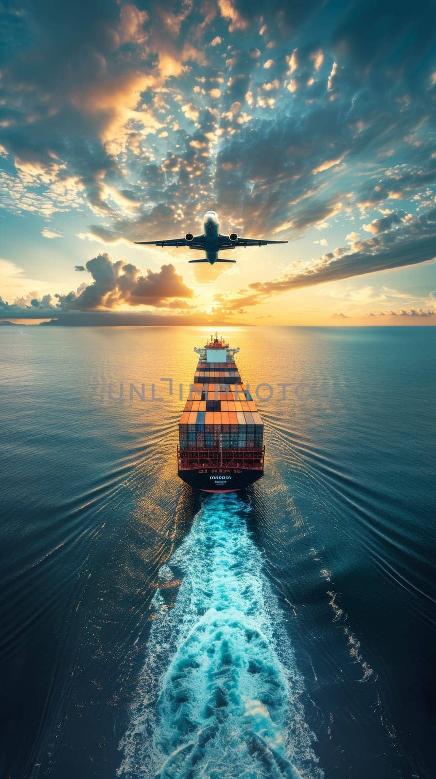 Stunning ocean sunset scene featuring a cargo ship and airplane, showcasing air and sea transportation