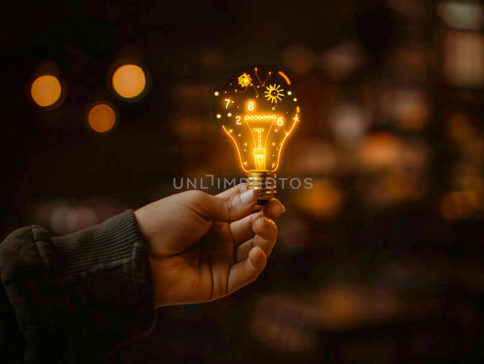 Illuminated lightbulb held in hand with creative symbols, representing the concept of innovation and inspiration
