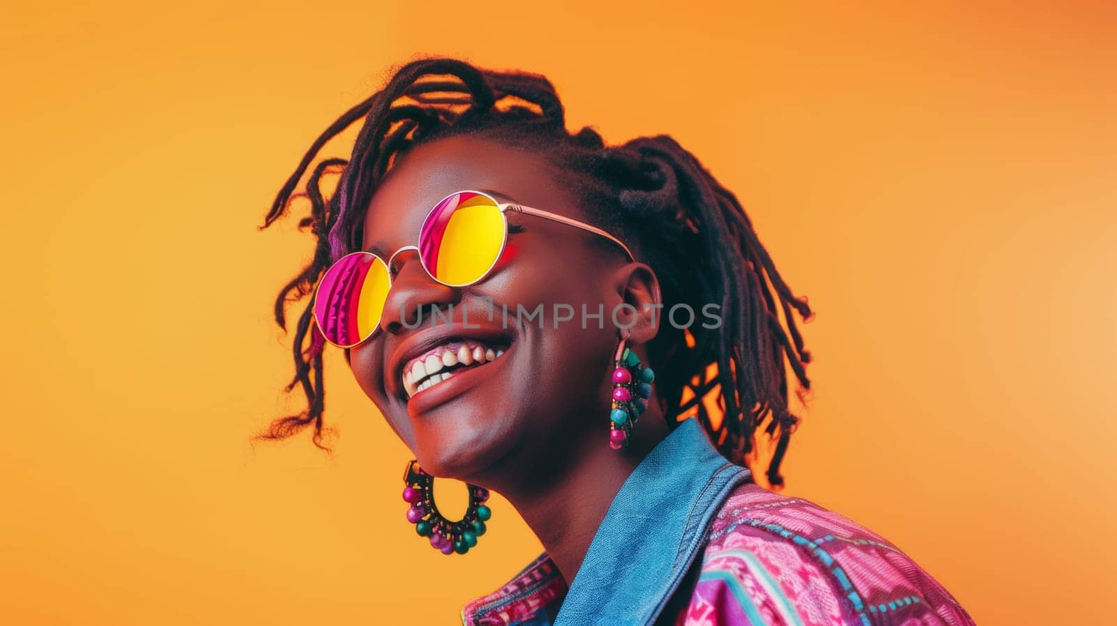 Woman with vibrant outfit and joyful expression ready to groove to upbeat funk music