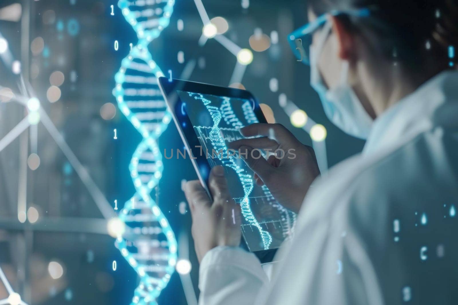 Doctor using a digital tablet to analyze dna helix interface in a state-of-the-art laboratory