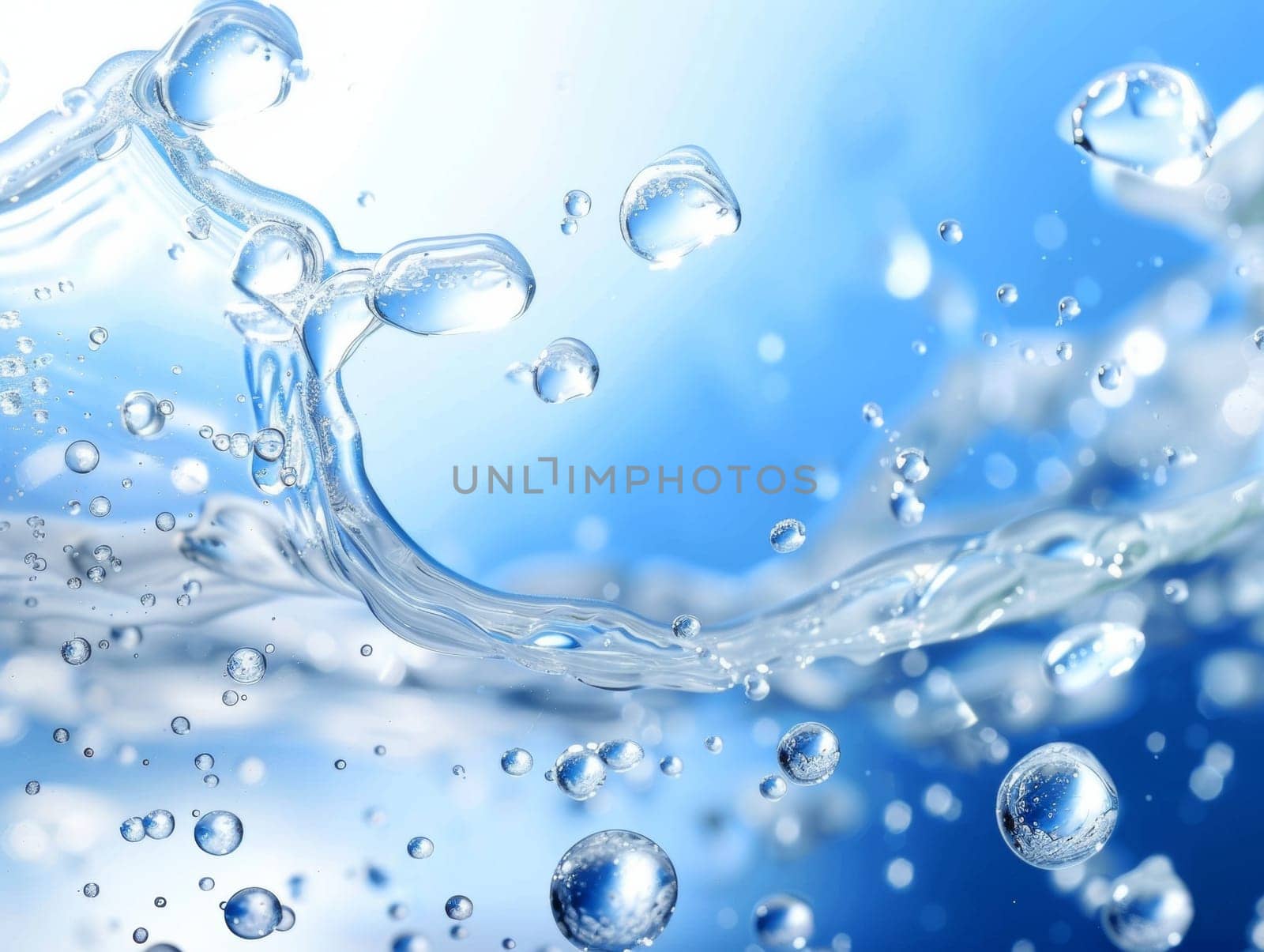 Macro shot of sparkling water droplets and air bubbles against a vivid blue backdrop