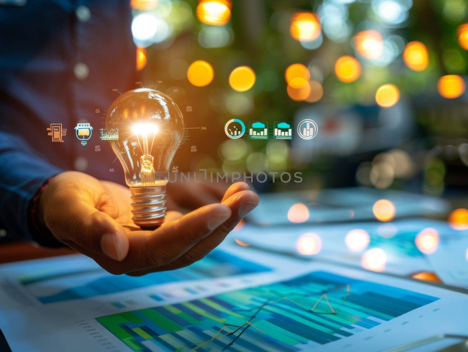 Illustration of an individual holding a luminous lightbulb with overlaid data analytics visuals