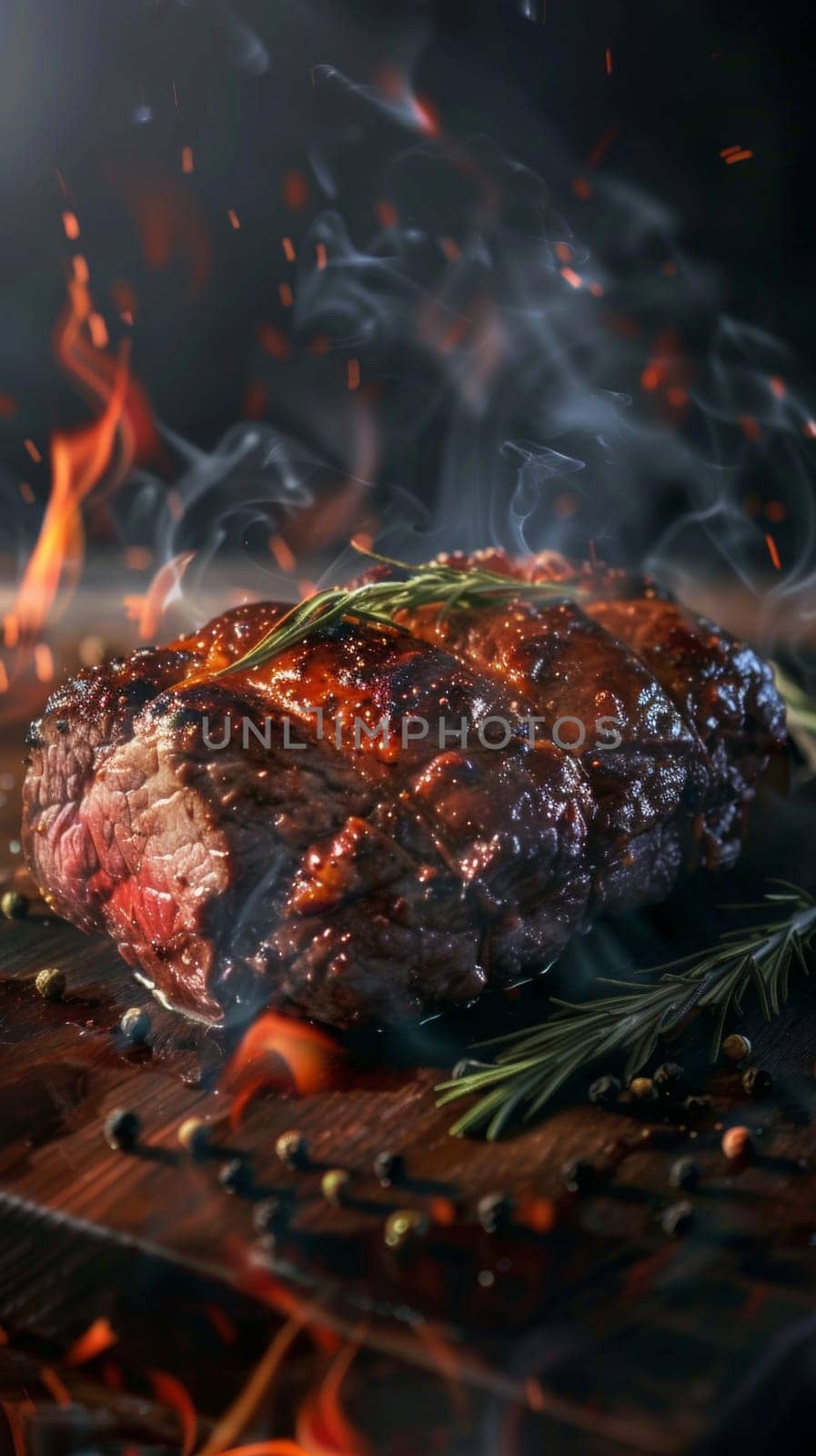 Sizzling roasted leg of beef seasoned with herbs on a rustic wooden board, surrounded by flames and smoke