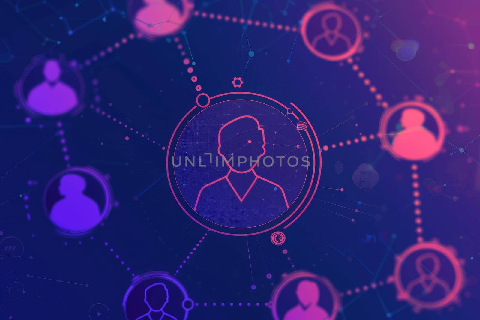 Abstract digital illustration of a recruitment network with connected profiles symbolizing human resources management