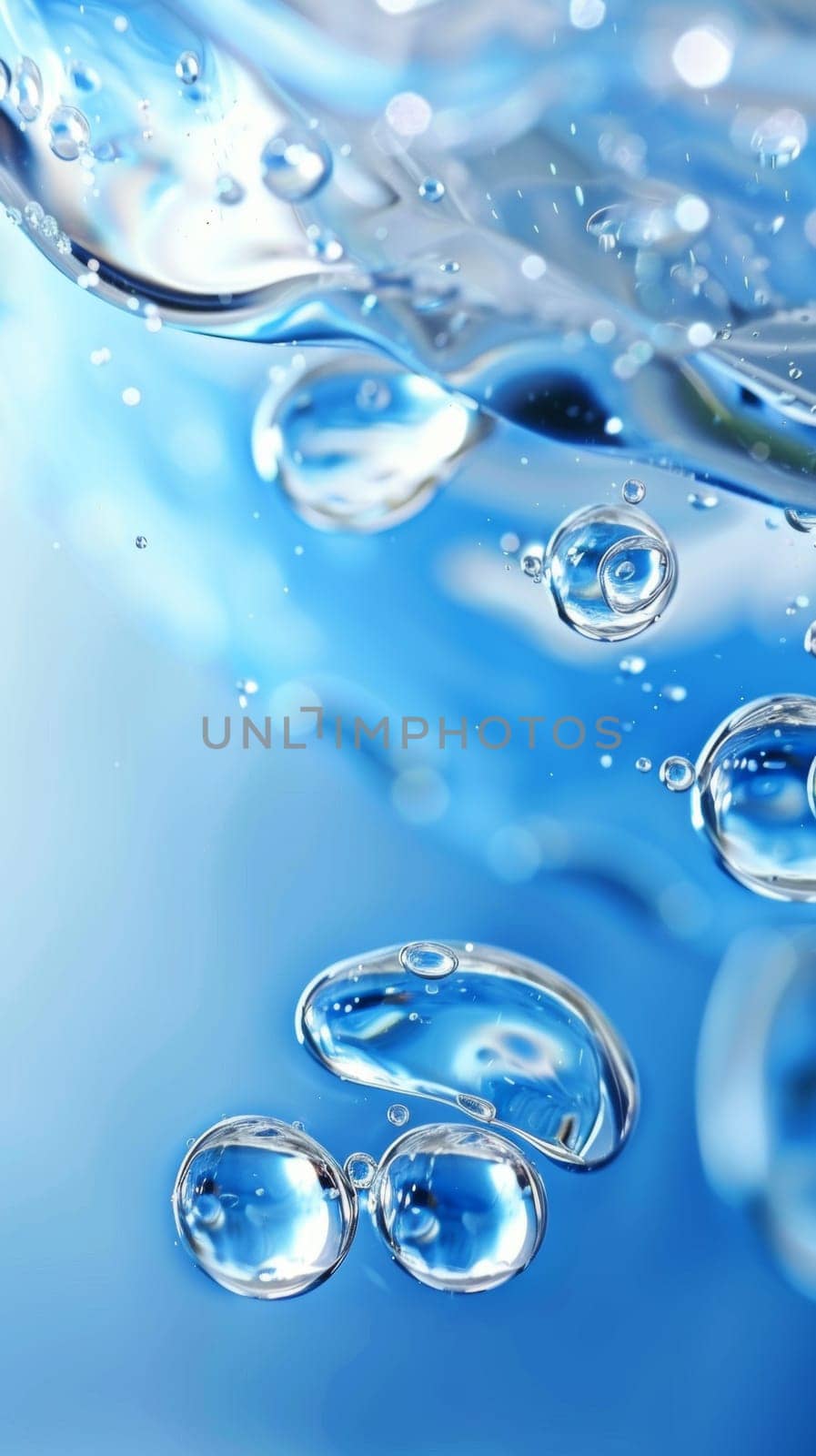 Close-up of fresh water droplets and air bubbles against a clean blue background
