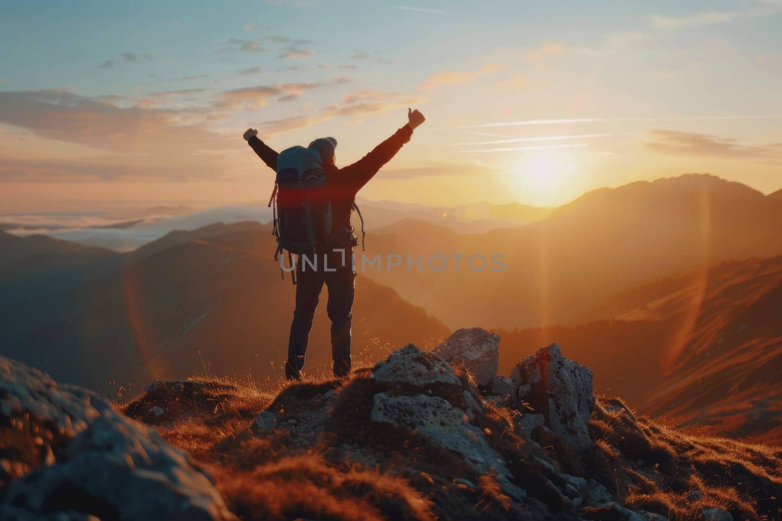 Silhouette of a man with raised arms celebrating at the summit against a sunrise backdrop
