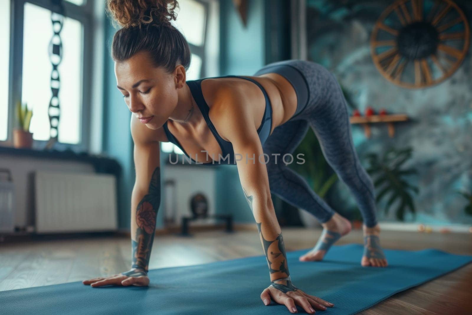 Serene home studio with a focused young woman practicing vinyasa yoga asanas