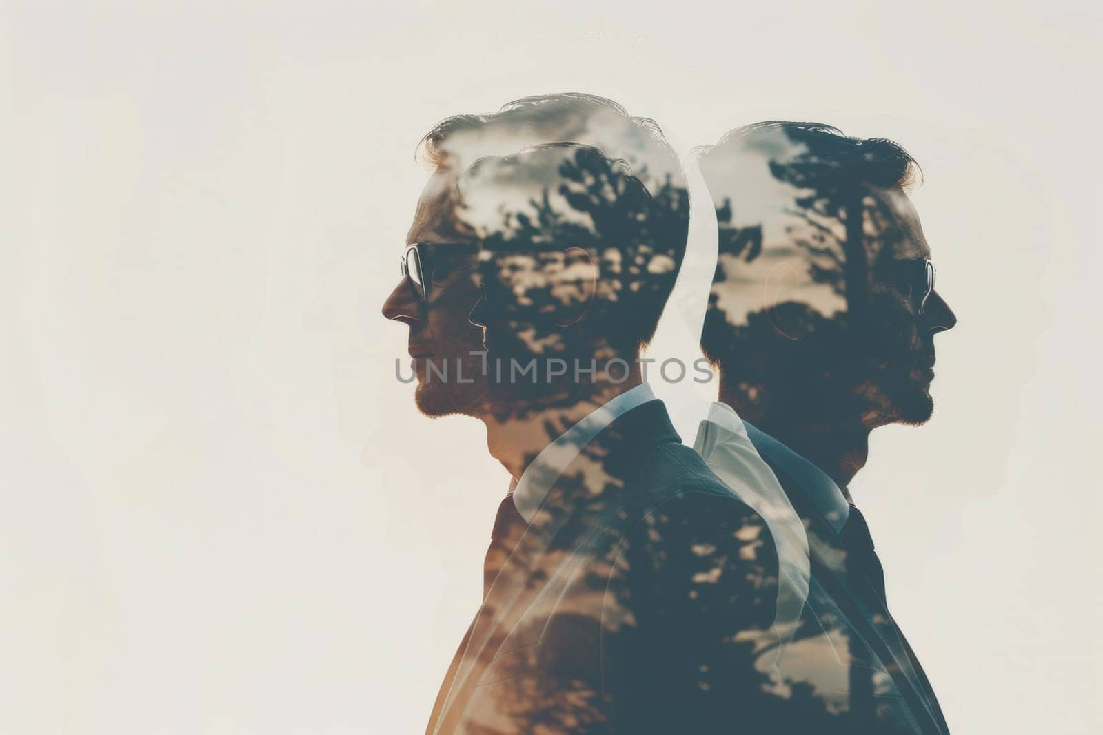 Urban financial insight: creative double exposure of businessmen with cityscape in artistry