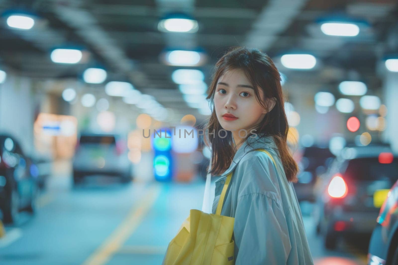 Young woman stands in a parking garage holding a yellow shopping bag, with cars and lights in the background