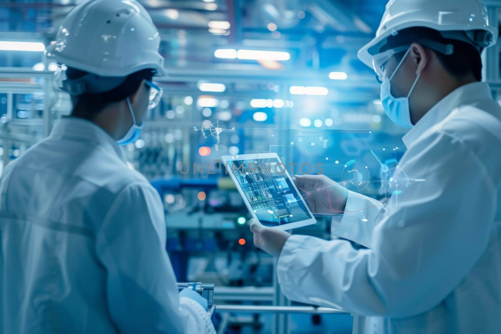 Two engineers in safety helmets utilize a tablet to oversee and visualize massive datasets in a contemporary industrial facility