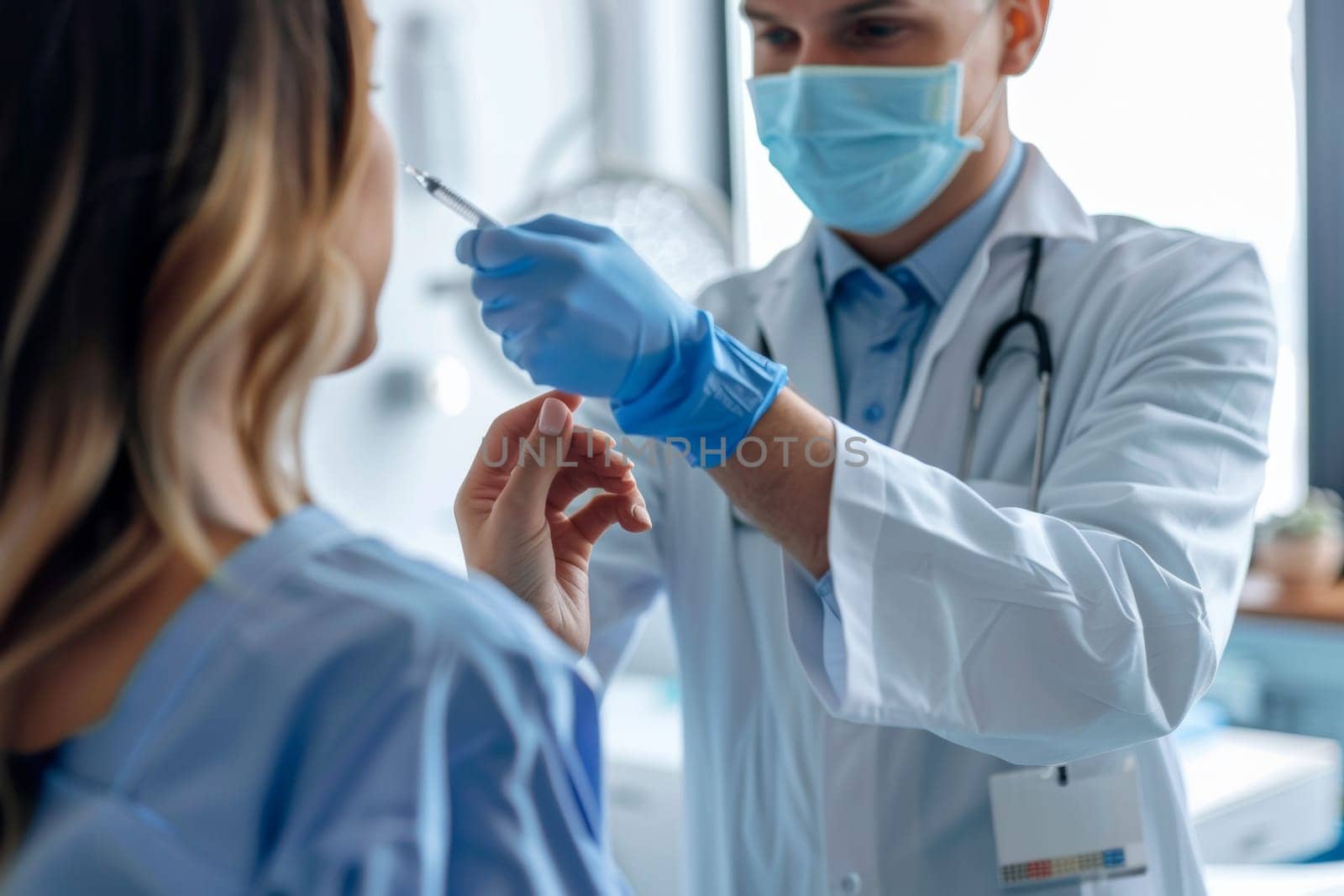 Concentrated dermatologist using a magnifying tool to examine moles and skin growths on a patient's arm