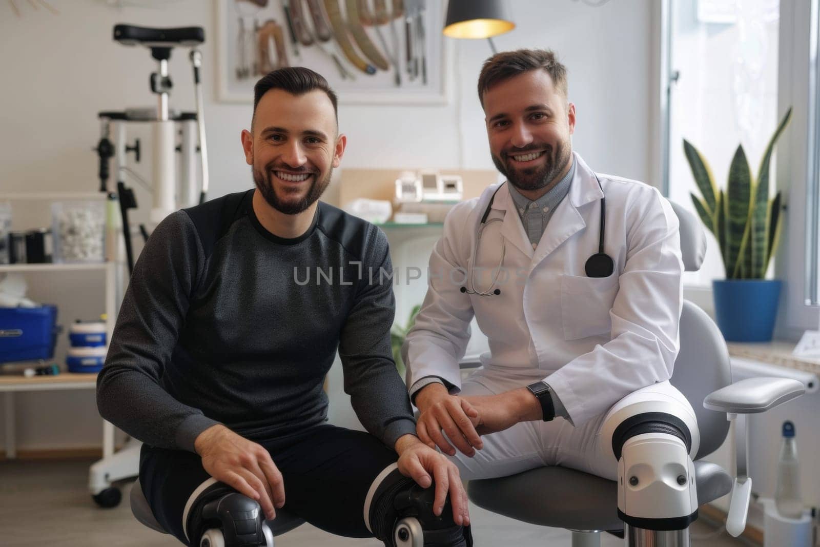 Male physiotherapist and man with disability smiling during a successful rehab session in a bright clinic