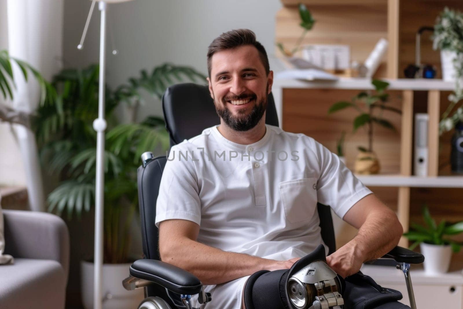 Smiling physiotherapist working with male patient wearing prosthetic leg, promoting positivity and rehabilitation progress