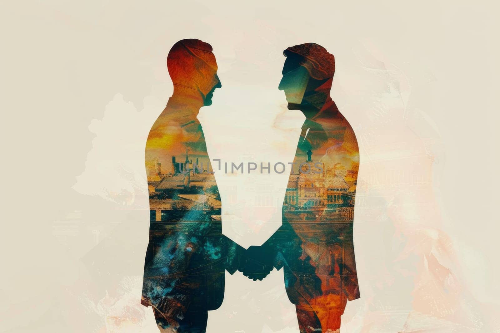 Silhouette of a handshake with a cityscape in double exposure, representing collaborative business artistry