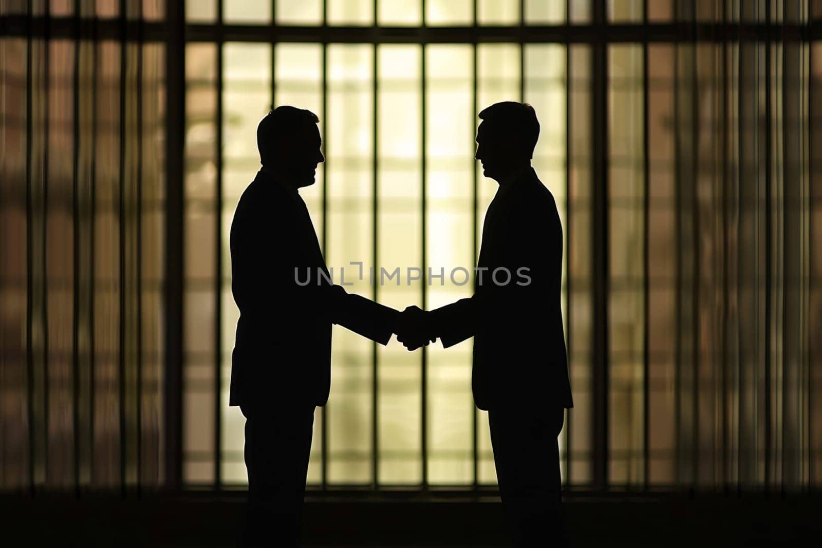 Silhouette of two businessmen shaking hands against a backlit grid window