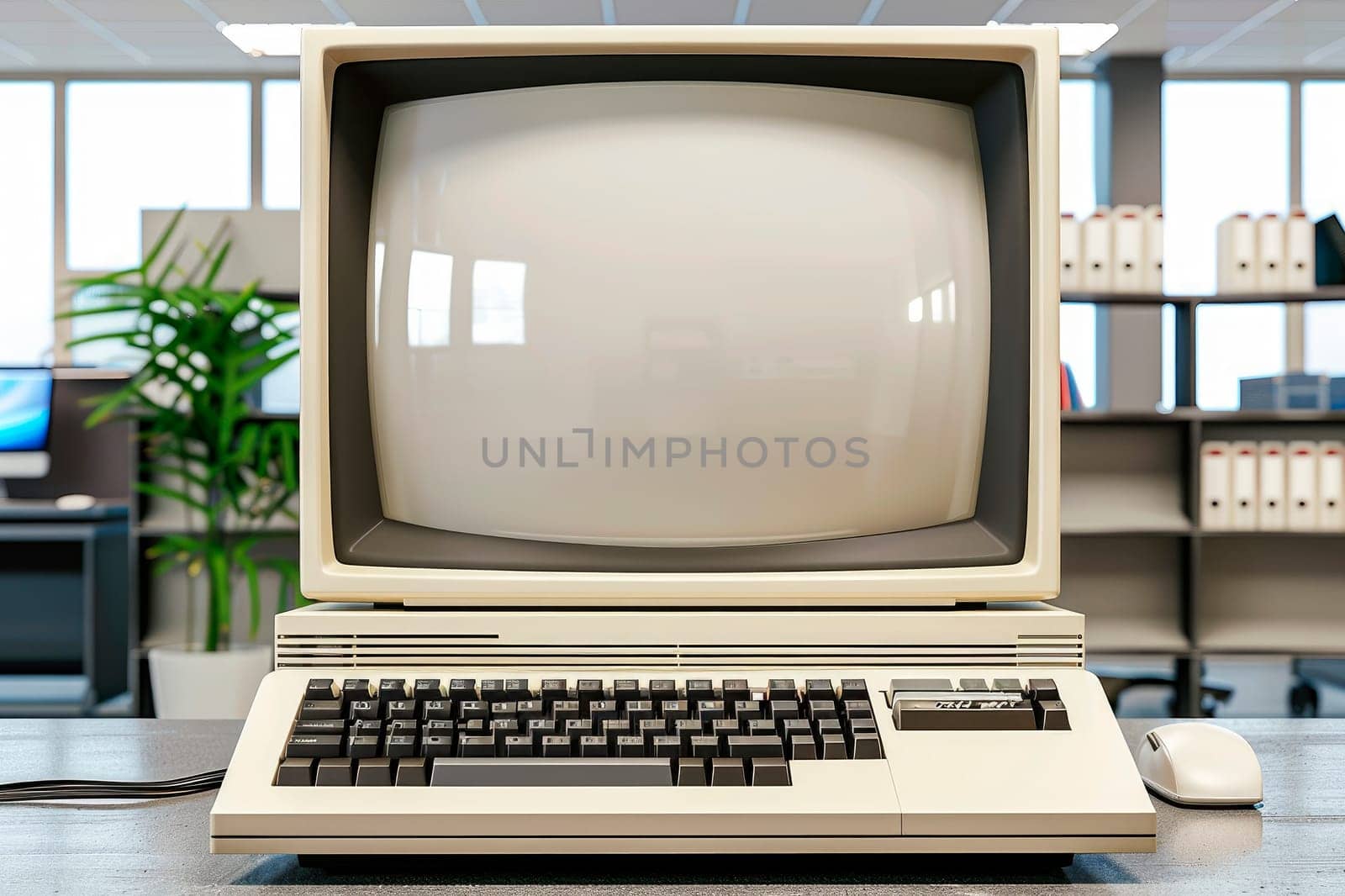 Old office and computer with obsolete technology. AI generated