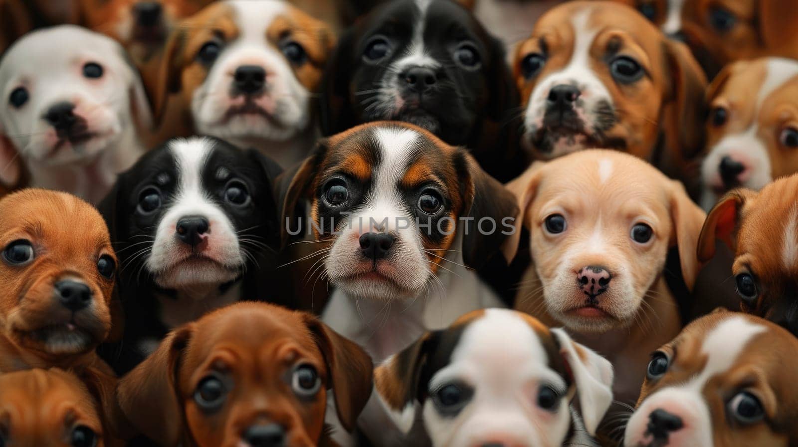 Portrait of many cute dogs. A group of small puppies posing. AI generated