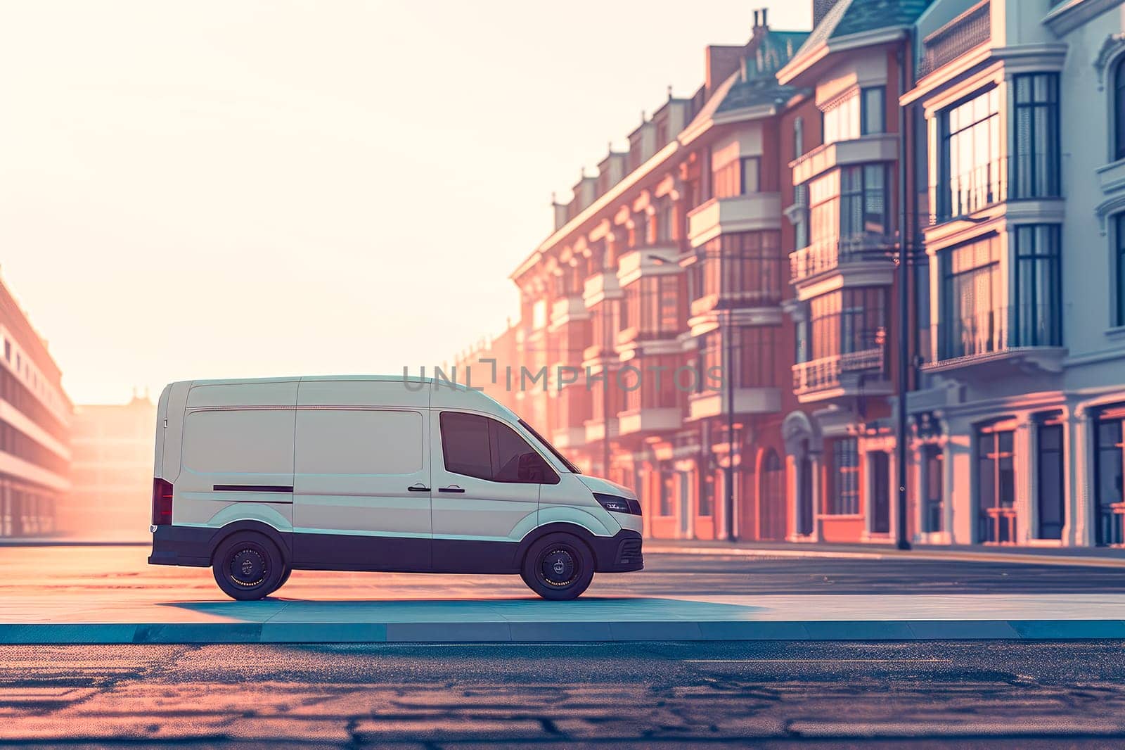Side view of sustainable electric van standing  on the empty street. AI generated