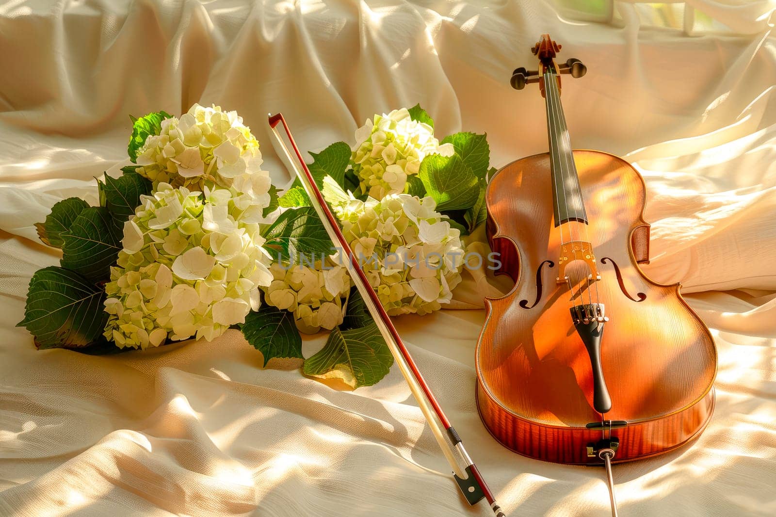 Still life with violin and beautiful delicate hydrangea flowers. AI generated