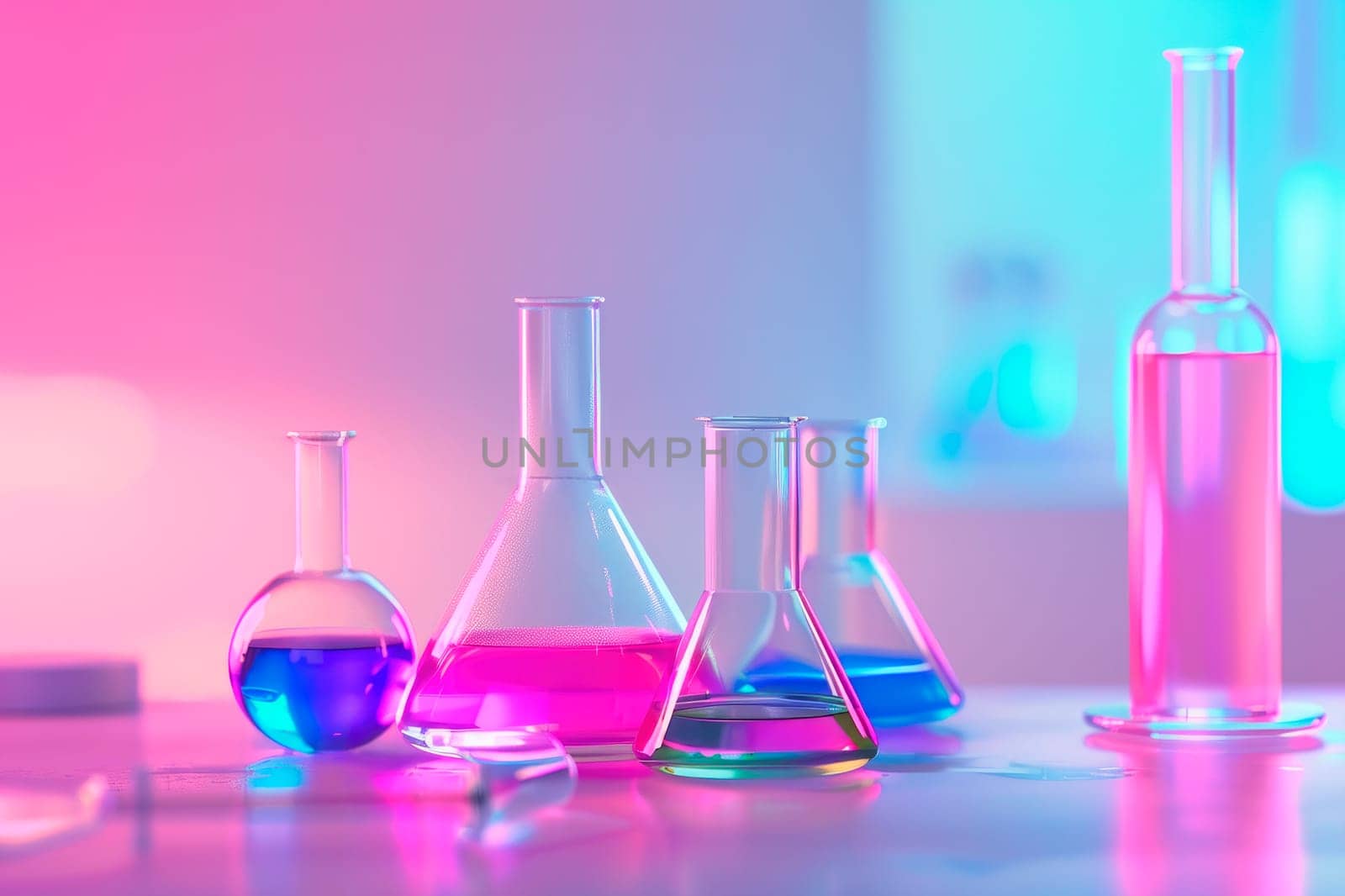 Education and science concept, colorful kid friendly backgound with laboratory equipment. Biotechnology and chemistry theme. AI generated
