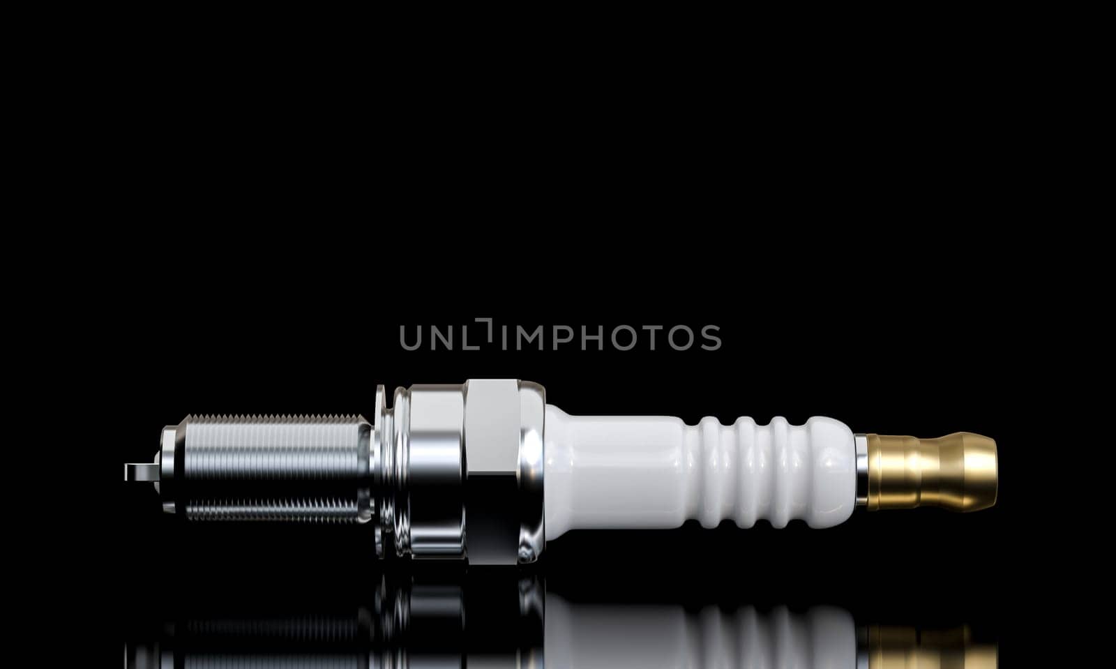 High-quality image of a spark plug isolated on a reflective black surface, 3d render