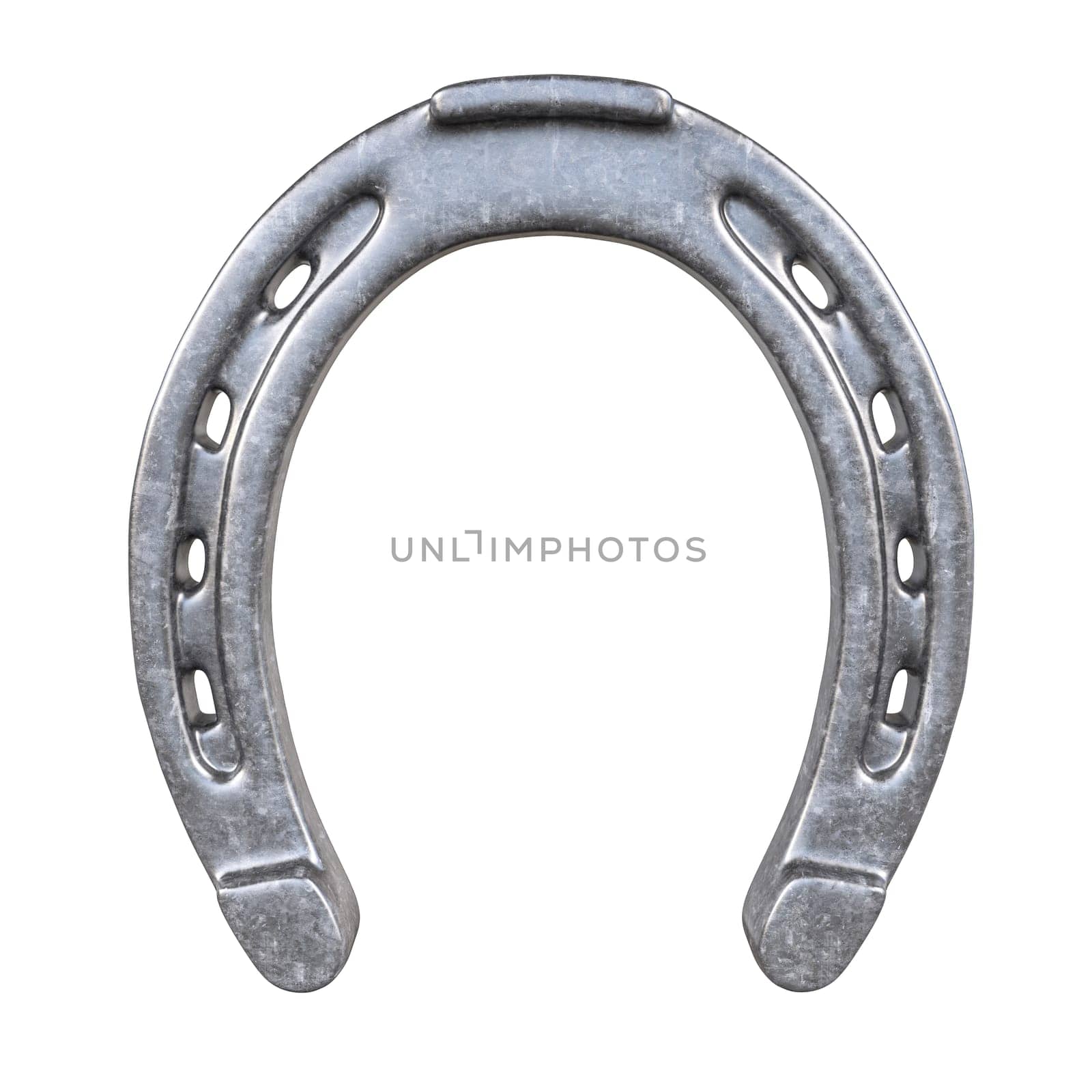 Shiny metal horseshoe with detailed texture isolated on a white backdrop. 3d render
