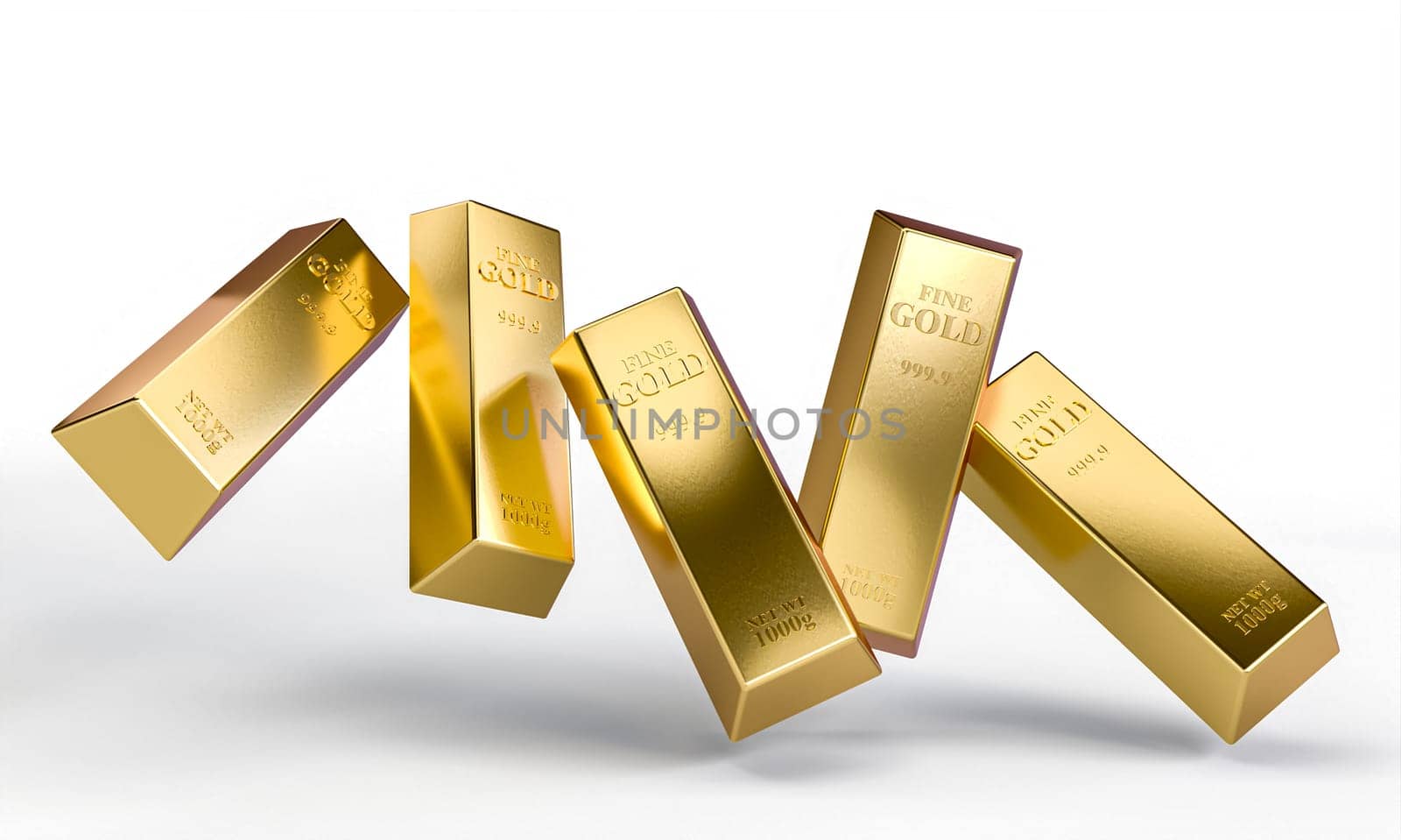 Conceptual image of golden ingots tipping over on an isolated white backdrop, 3d render