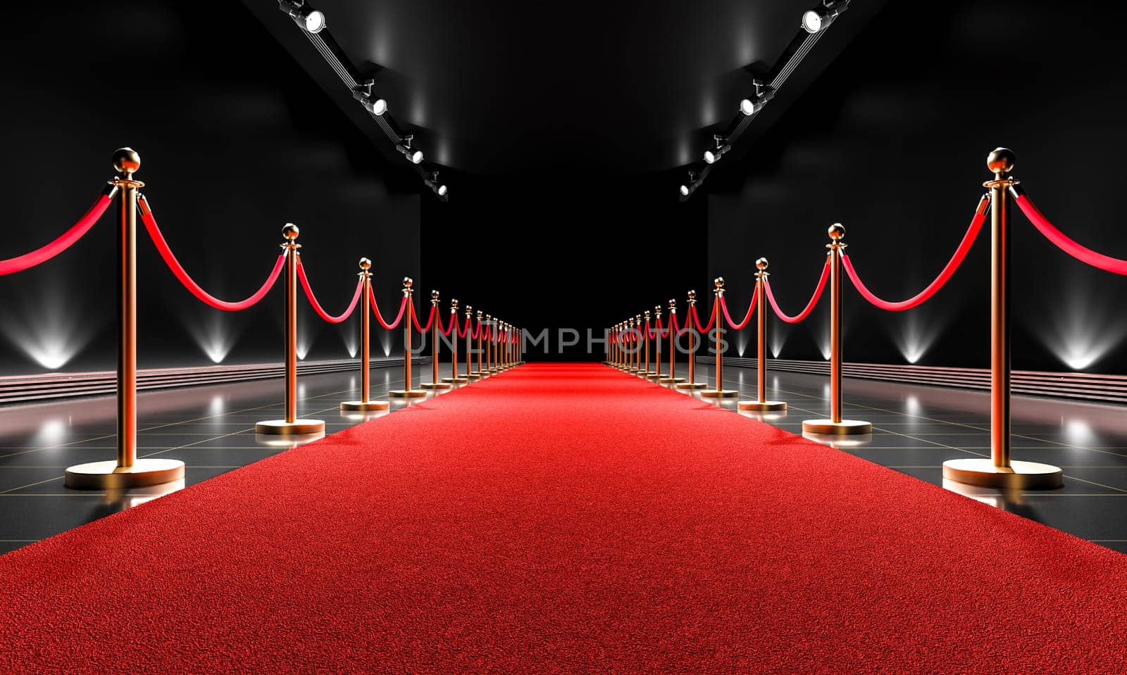 Luxurious red carpet lined with velvet ropes leading to an event with spotlighted background. 3d render