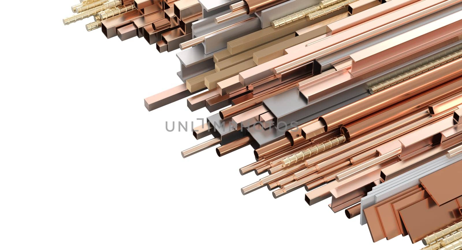 Abstract arrangement of shiny copper-colored metal pipes and tubes. 3d render