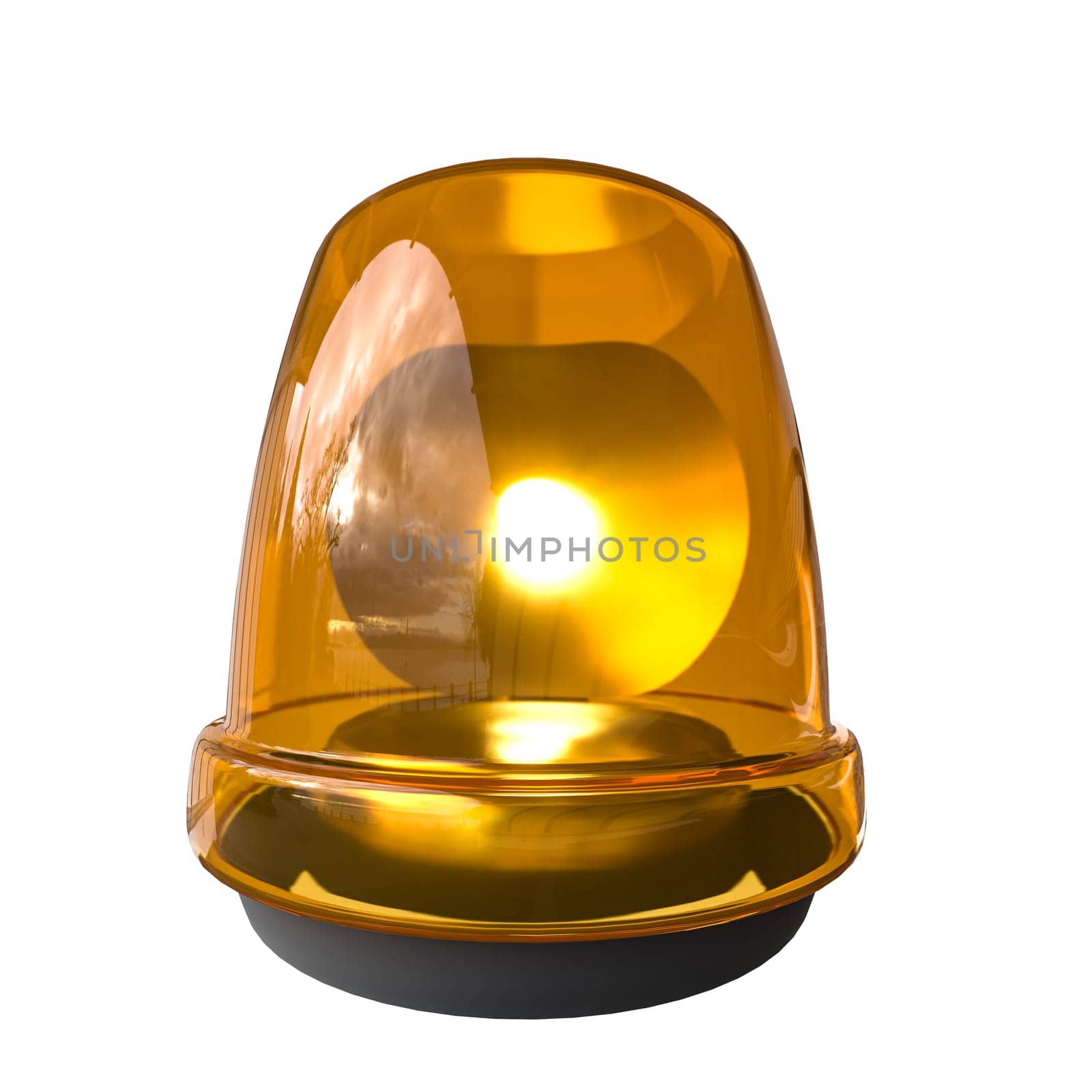 Illuminated amber emergency beacon on white. 3d render