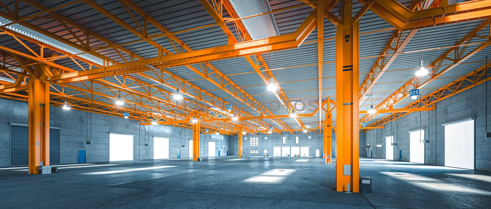 Spacious and empty industrial warehouse with vibrant orange steel structure. 3d render