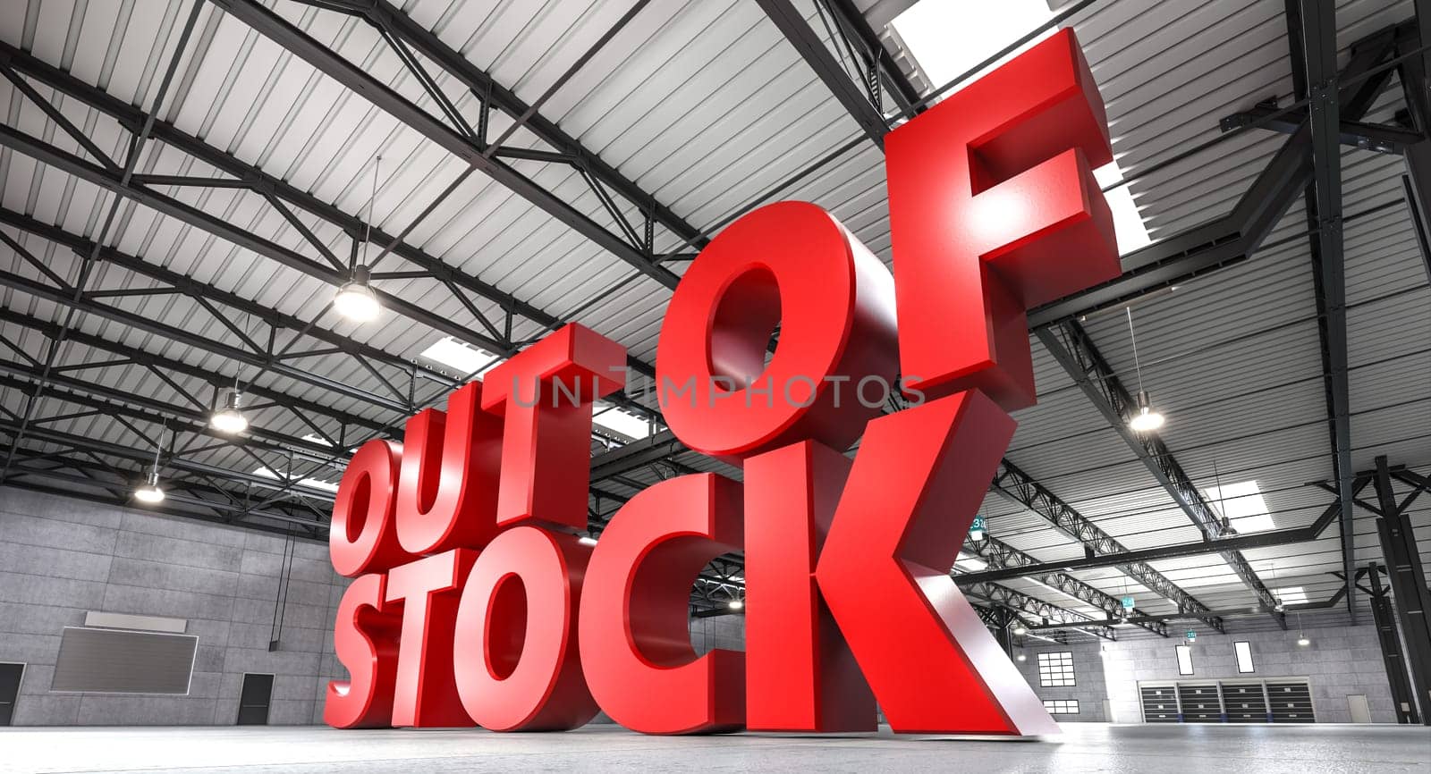 Large 3d out of stock sign inside an empty modern warehouse, symbolizing product shortage
