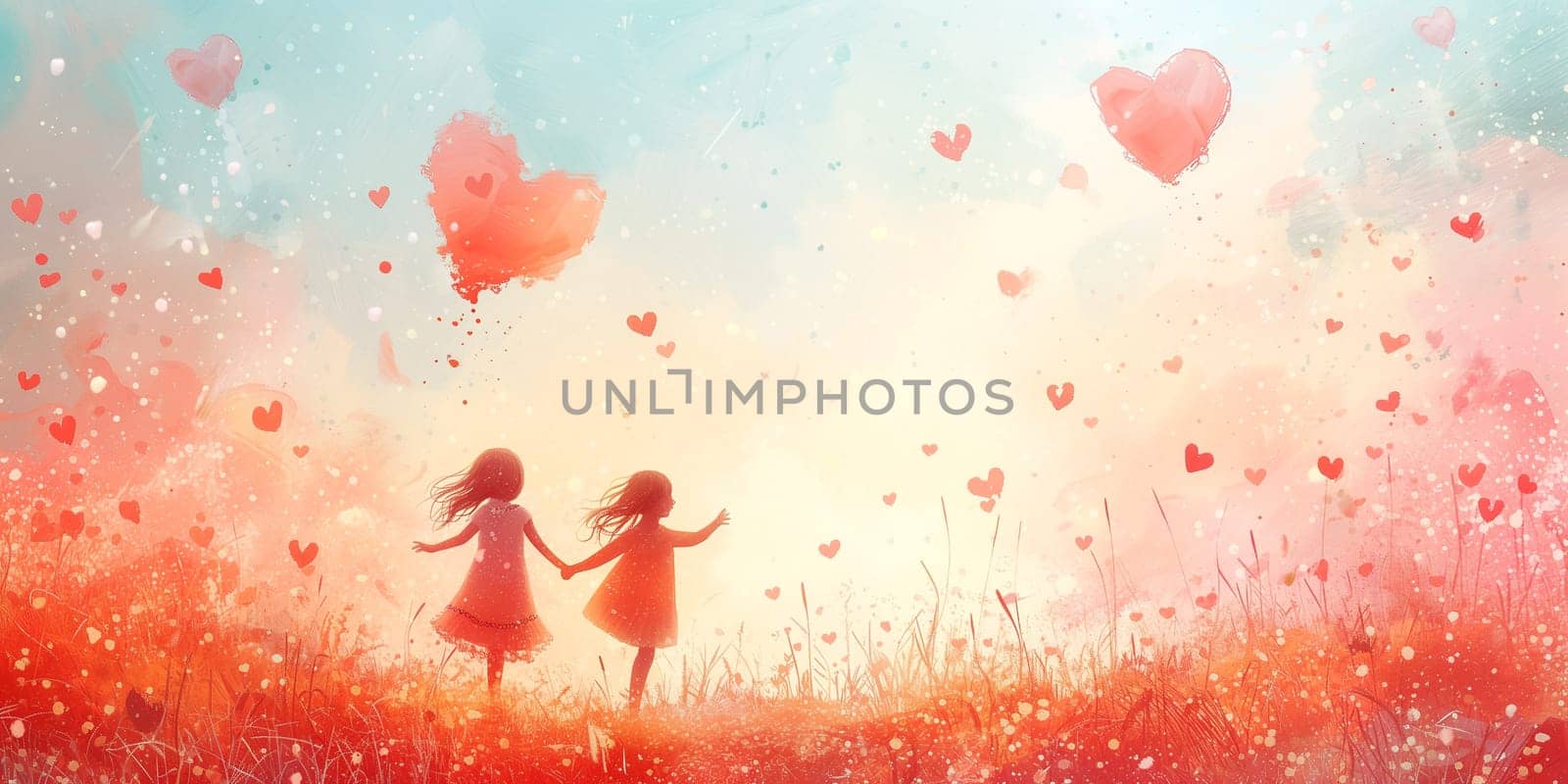 Happy children holding hands, hearts in the sky, love, emotion and friendship, happiness in childhood, kids playing on a meadow