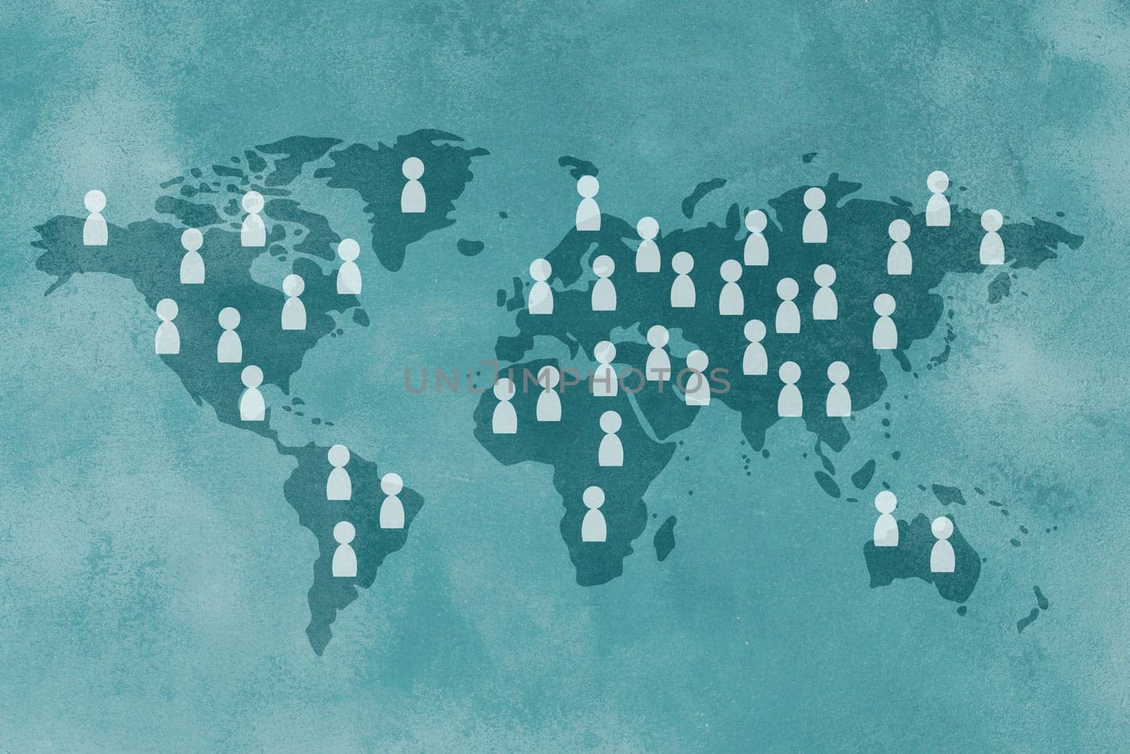 World population day, map with people, international equality, friendship and peace concept, awareness of global problems