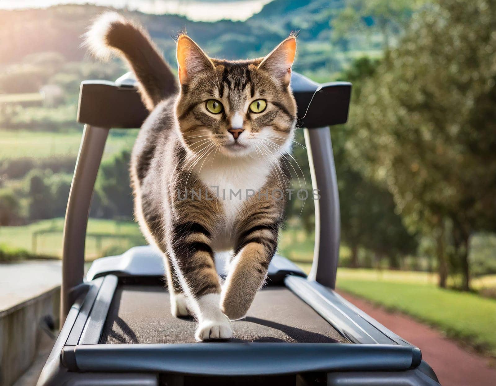 a cat engaging in physical activity, as it gracefully maneuvers on a treadmill, showcasing its agility and natural athleticism.