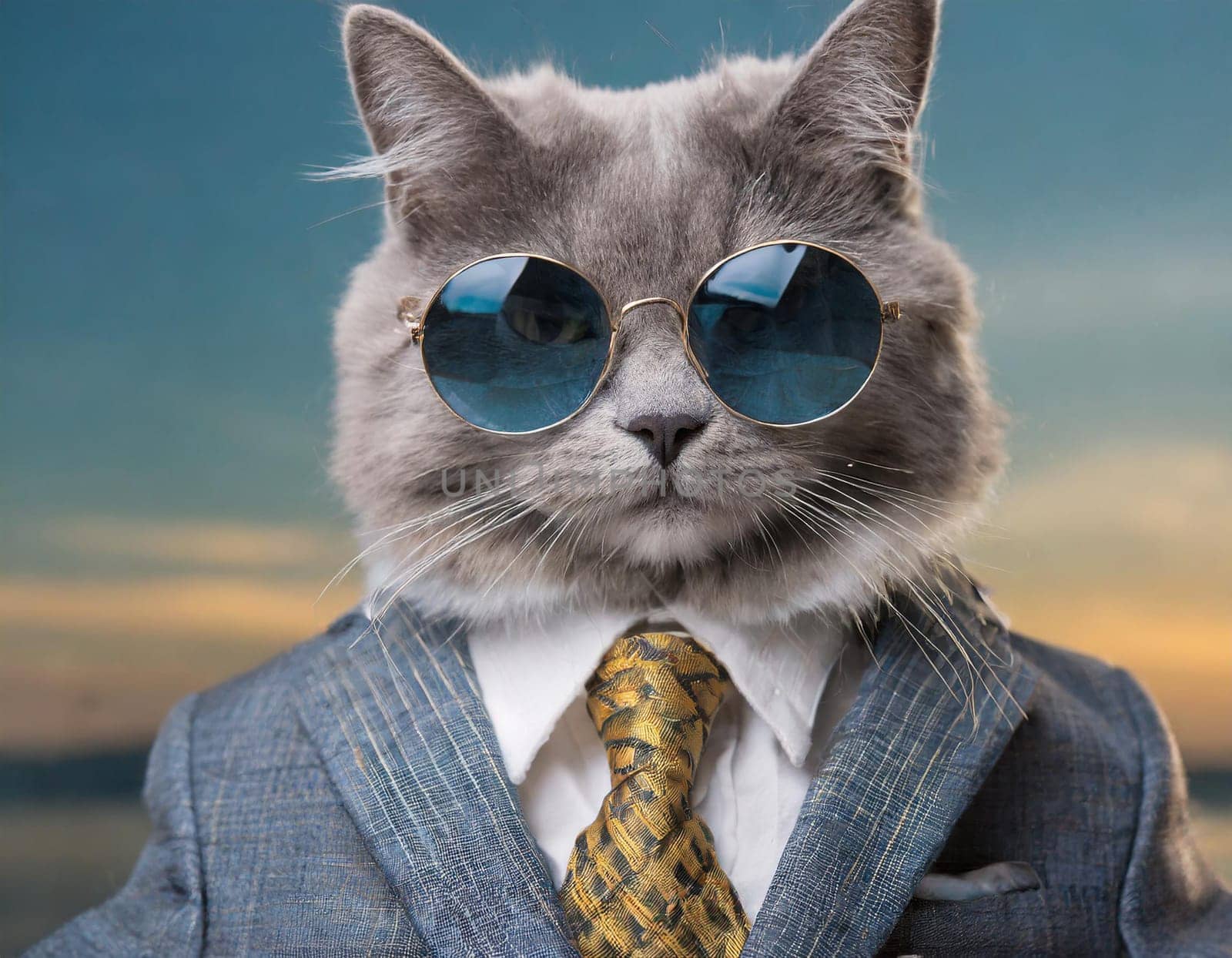 A cat wearing sunglasses and a suit with a tie.